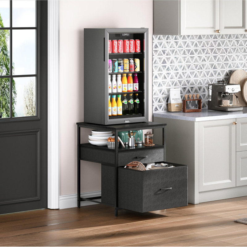 Mini Fridge Stand With 3 Storage, Mini Fridge Cabinet, Beverage Fridge Table, Black