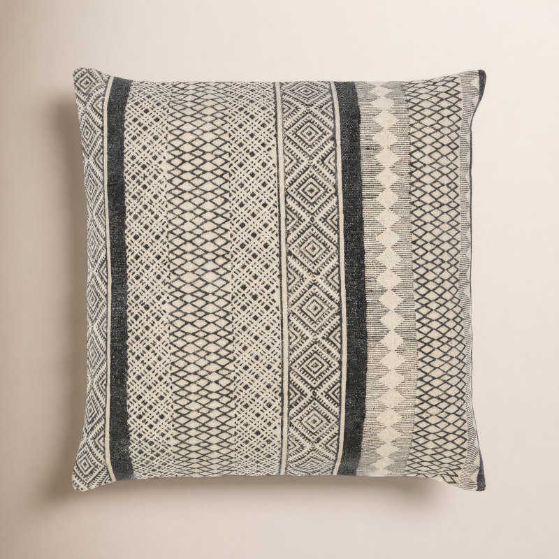 Oreiller carré 100% coton Zetta, Beige clair / Noir, Duvet, 18 po x 18 po