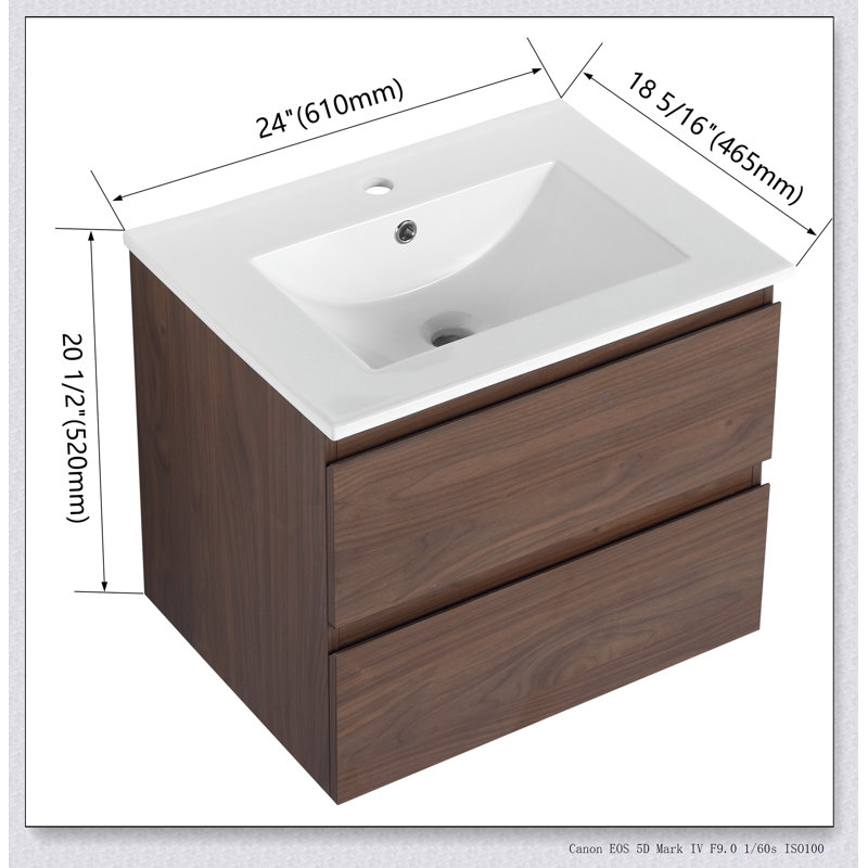 Meuble-lavabo mural 24 po avec lavabo en céramique, 2 tiroirs à fermeture en douceur 24 po