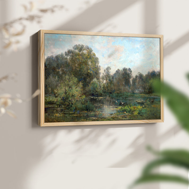 River with Storks -Framed Print - Restickable, Natural, 16" H x 20" W