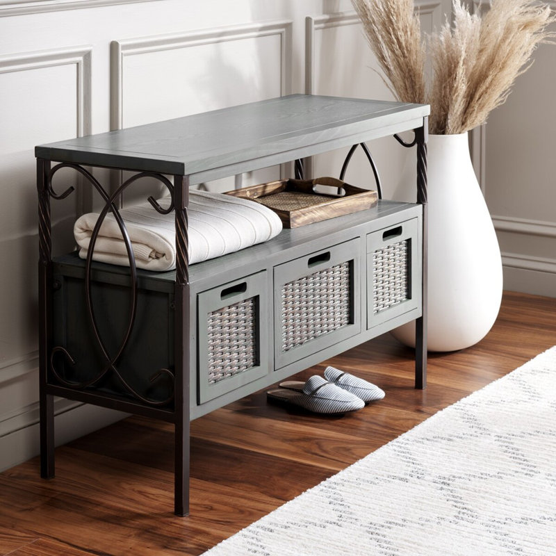 Hobgood 36" Console Table, Modern Woven Wicker Design with 1 Shelf & 3 Spacious Drawers for Any Room, Ash Gray
