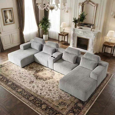 Canapé modulaire en velours en U Modern - ensemble de salon 3 pièces avec méridienne et porte-gobelets - Canapé modulaire extra large de 143,7 po / 365 cm pour le cinéma maison, la salle familiale et l'espace de vie luxueux