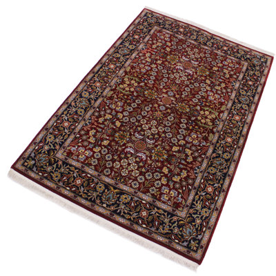 Tapis oriental rouge / bleu en soie et laine noué à la main 4 pi x 6 pi Madora