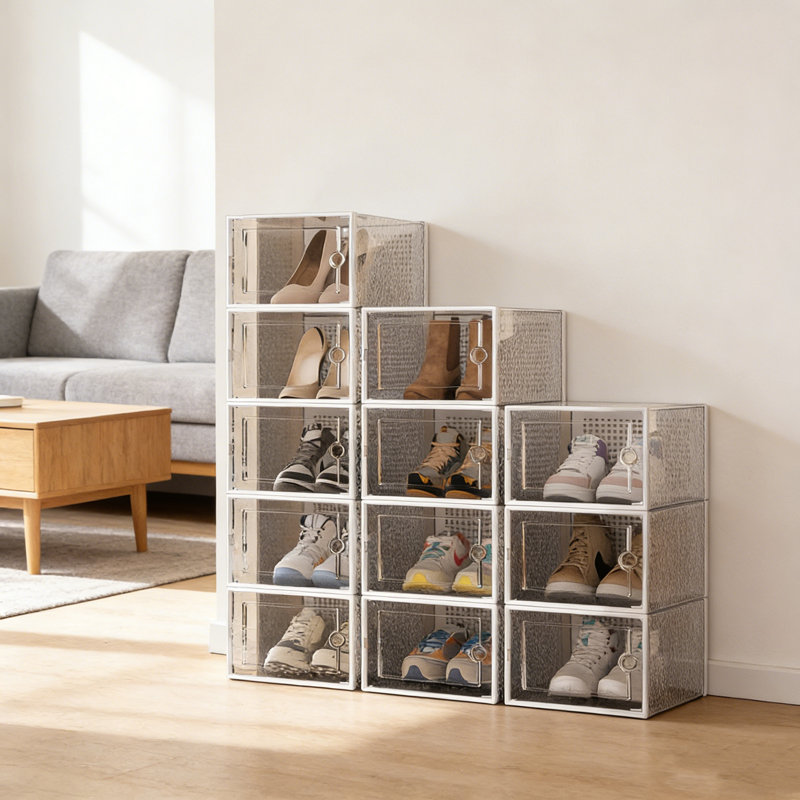 Boîte de rangement empilable transparente pour chaussures avec fermeture magnétique, Blanc