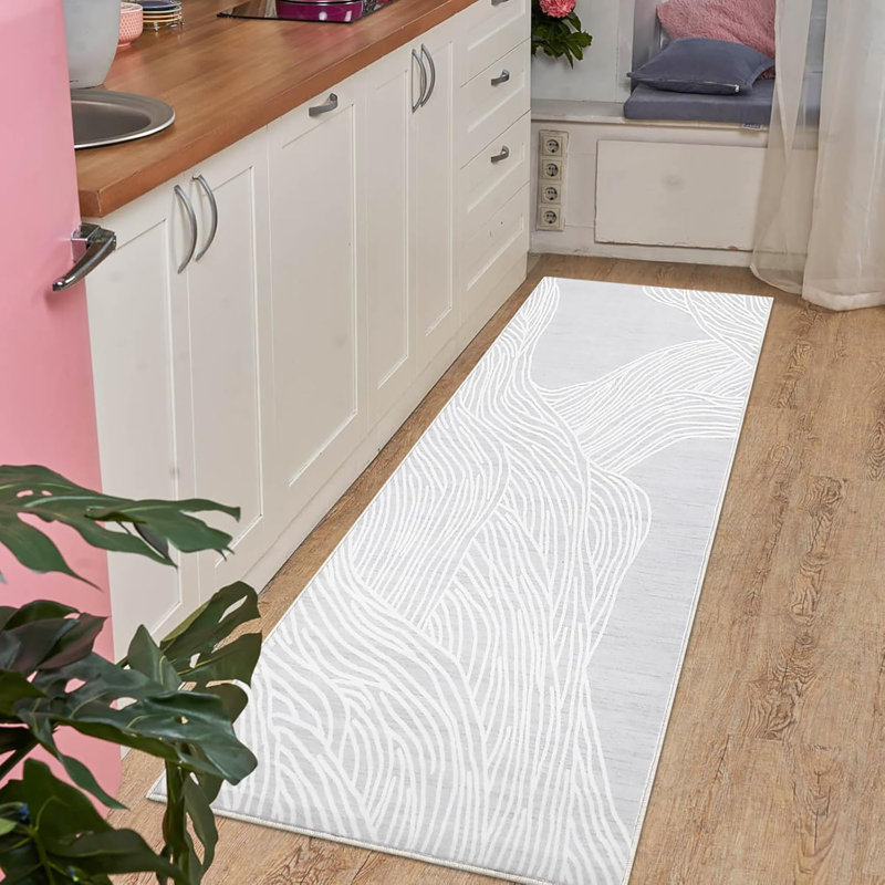 2x6 ft Plush Hallway Runner Rug – 350gsm Faux Lamb Wool, Machine Washable, Non-Slip, Modern Swimming Pattern for Entryway, Kitchen (Black & White)