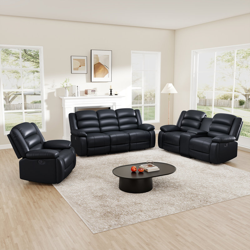 Lamyiah 3-Piece Soft Faux Leather Manual Reclining Living Room Set with Cup Holders and Console, Black