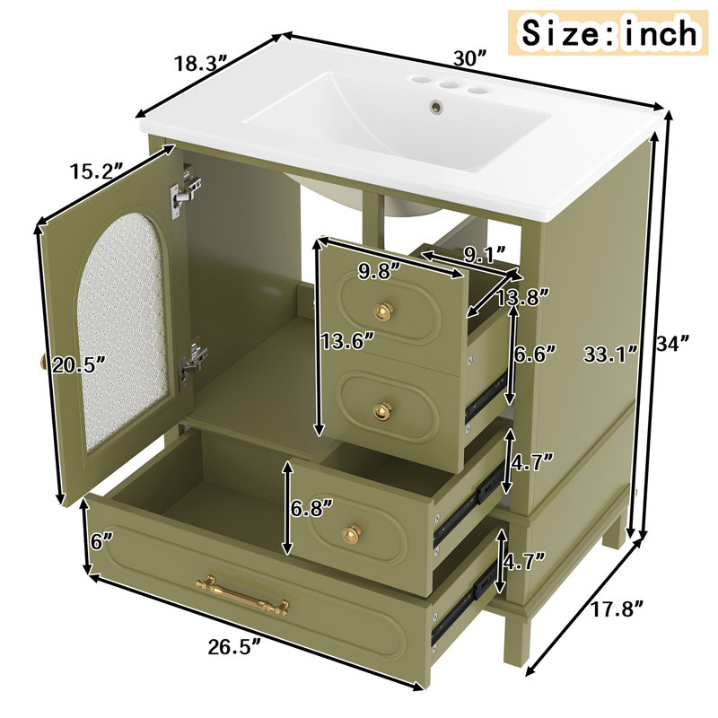 30" Single Bathroom Vanity Set With Ceramic Sink, Green