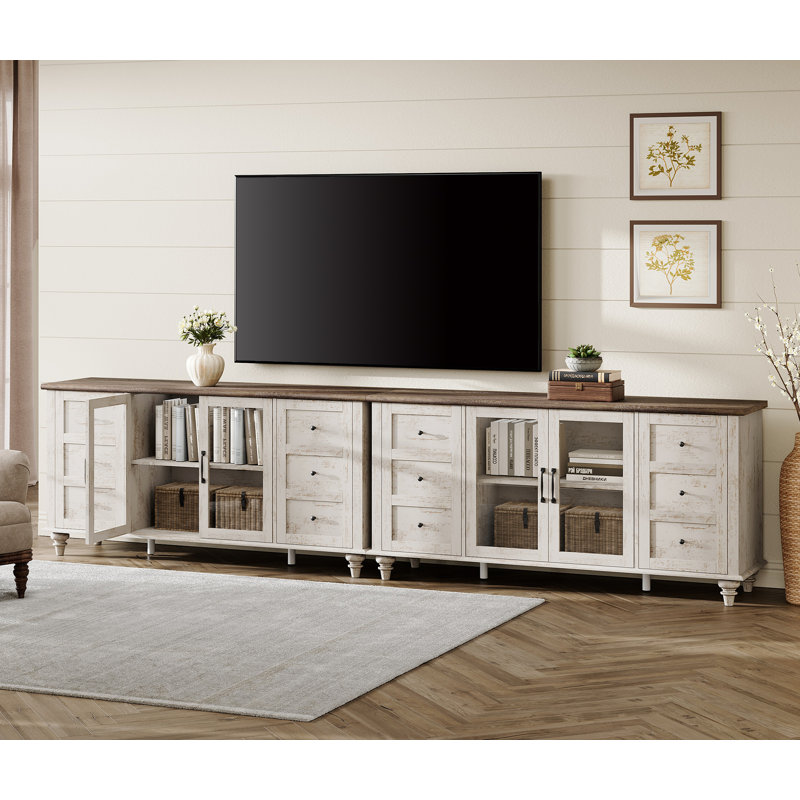 Set Of 2 TV Stand With Glass Door, Rustic White