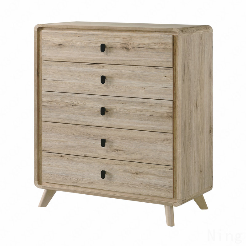 1Pc Mid-Century Natural Textures Warm, Wood-Inspired Finish Ample Drawer Space Five Drawers Tall Chest Storage Wooden Furniture