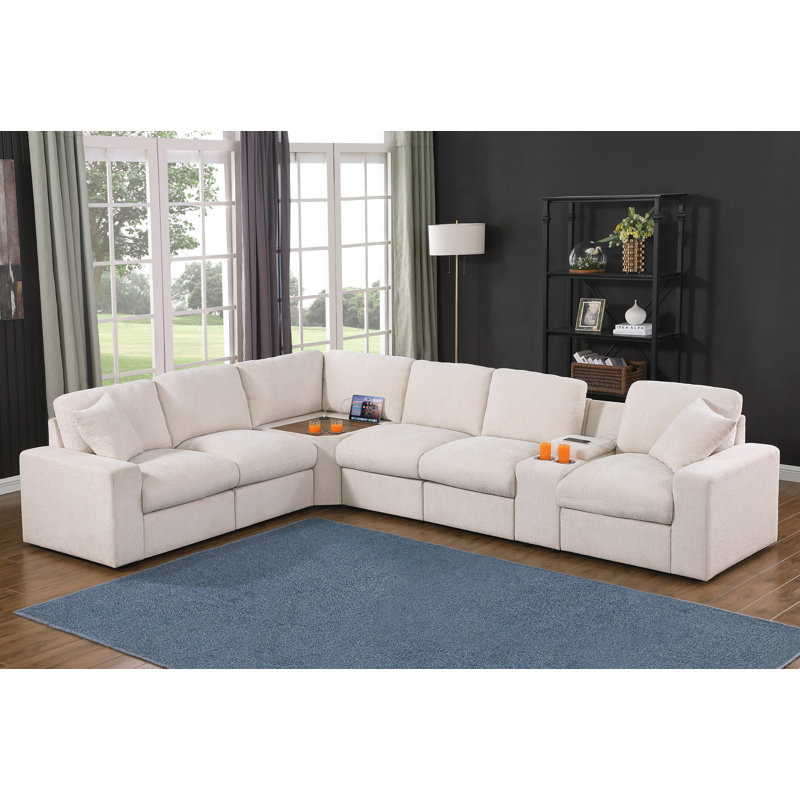 Canapé modulaire en coin Detron avec console porte-gobelet et table d'angle avec port USB, Chenille beige