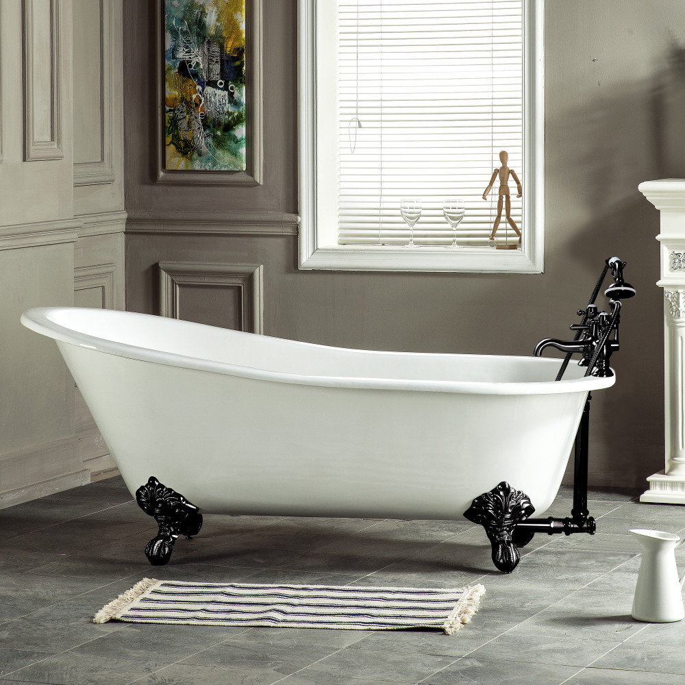 Kingston Brass Aqua Eden 61-Inch Cast Iron Oval Single Slipper Clawfoot Tub (7-Inch Faucet Drillings), White/Matte Black