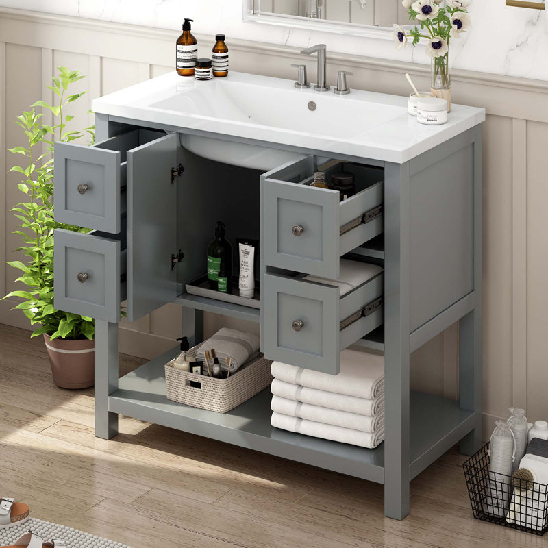 Meuble-lavabo de salle de bain avec lavabo encastré, 4 tiroirs et portes à fermeture douce, Gris