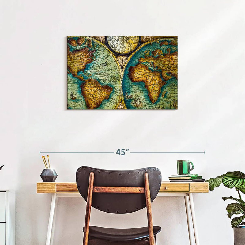 Carte du vieux monde sur toile, H 20 po x l 30 po x P 1,25 po