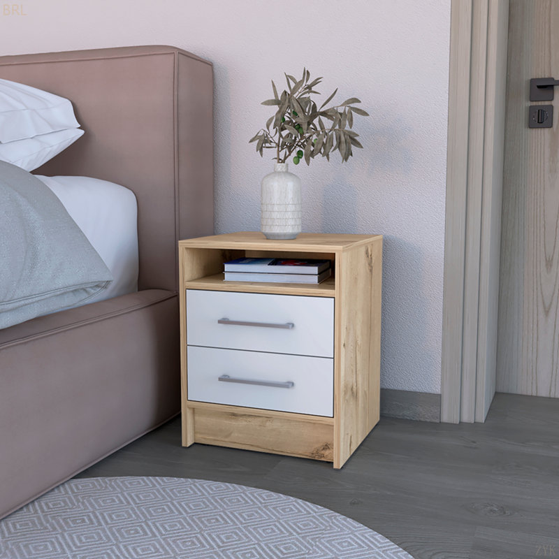 Two -Drawersrustic NIGHTSTAND WITH OPEN SHELF, White/Light Oak