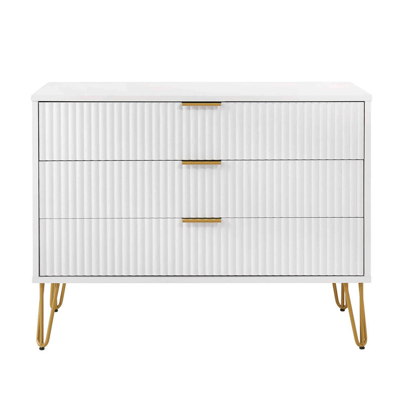 Dumbo 35" Fluted Dresser In White (3-Drawer), White/Gold