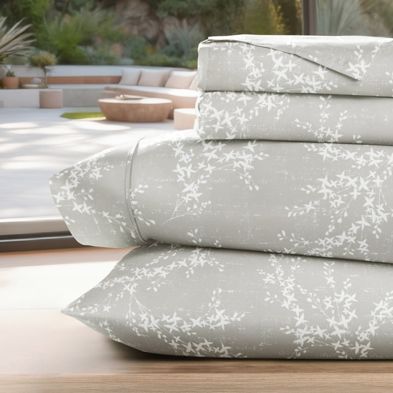 Literie en microfibre ultra douce, Motif floral brume portuaire, Ensemble de draps pour grand lit avec 2 taies d'or