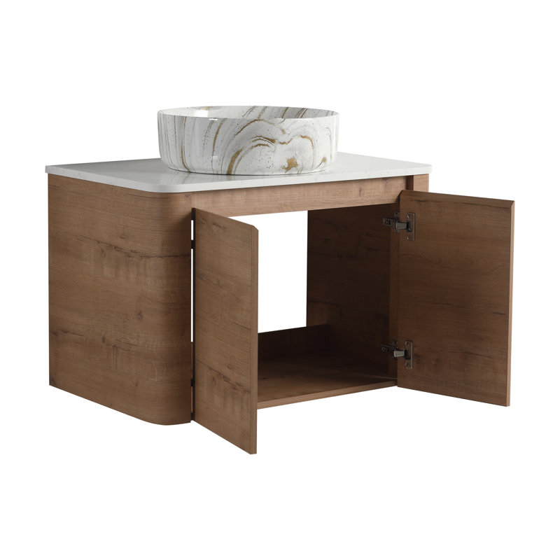 Meuble-lavabo flottant 30 po avec lavabo vasque en marbre veiné doré et 2 portes en chêne imitation à fermeture en douceur