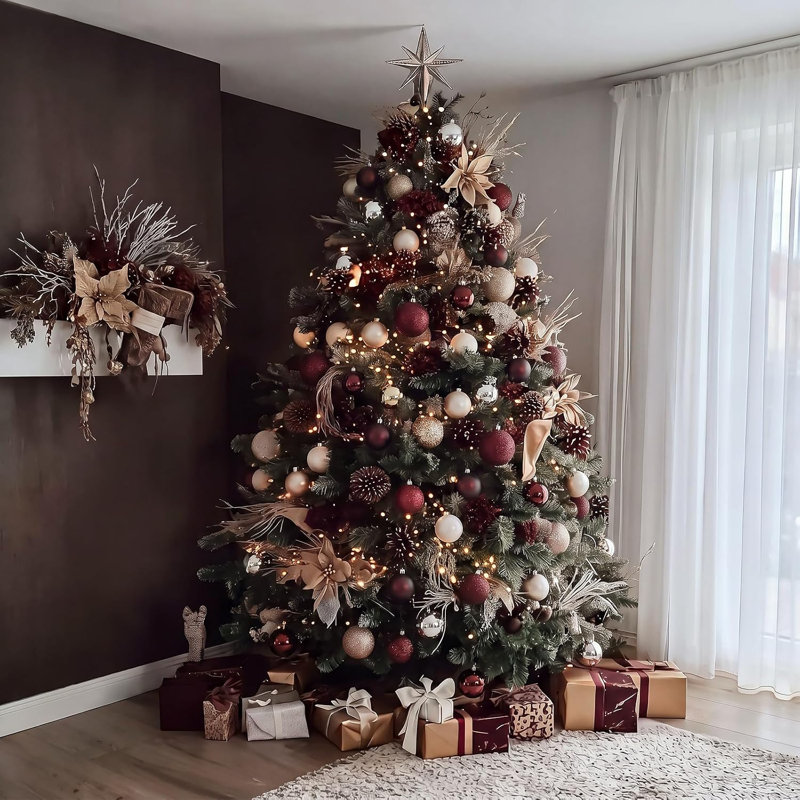 Ensemble de 24 boules de Noël bordeaux et dorées incassables, boules d'arbre texturées métalliques 2,4 pouces