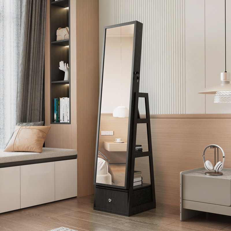 Miroir pleine grandeur avec armoire de rangement verrouillable, design intérieur éclairé et tiroirs de rangement