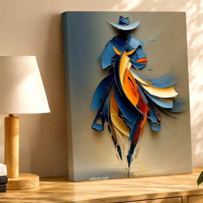 Abstrait, cowboy, figure, bleu, orange, occidental moderne, impression sur toile, abstrait bleu moderne, décoration pour le salon, chambre, bureau, couloir, galerie, décoration murale