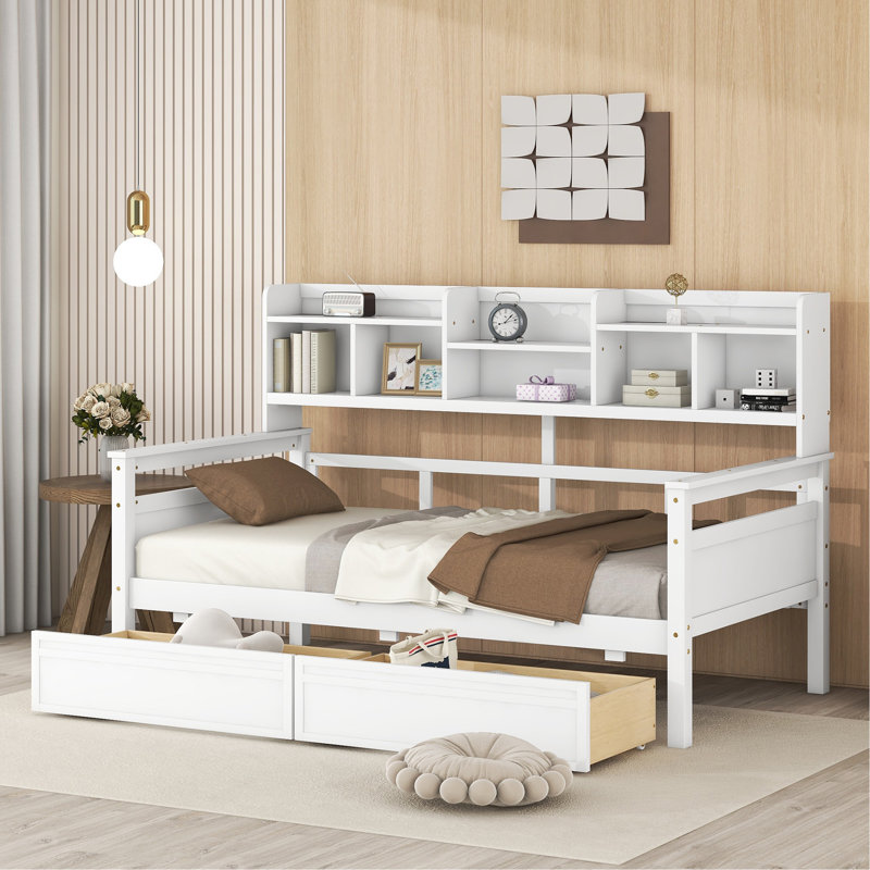 Lit de jour simple, support en lattes de bois, avec tablettes de chevet et deux tiroirs, blanc
