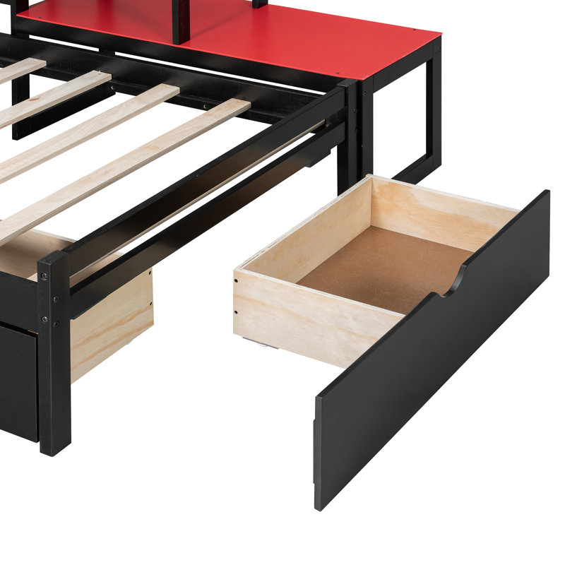 Lit de jour simple pour lit de jeu avec bureau intégré et lumière DEL, base de lit en bois moderne avec 3 tiroirs de rangement et station de charge intégrée, bibliothèque de tête de lit multifonctionnelle, noir et rouge