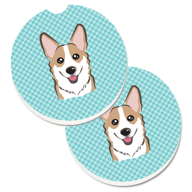 Ceramic Round 2 Piece Car Coaster Set, Blue, Brown Corgi