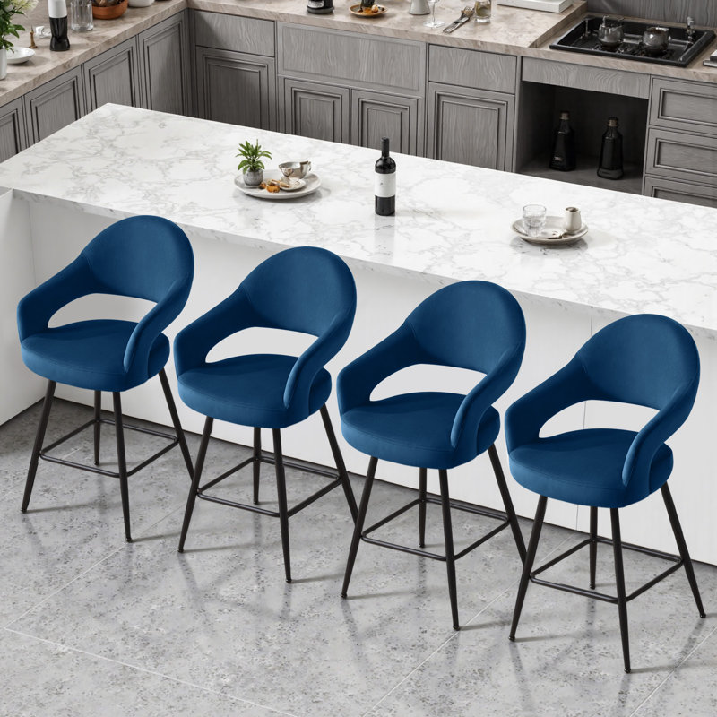 Tabouret de comptoir pivotant rembourré avec dossier incurvé et structure en métal (ensemble de 4), Bleu, 4