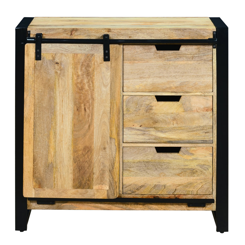 Buffet 3 tiroirs en bois avec porte coulissante de style grange Orleans, brun et noir