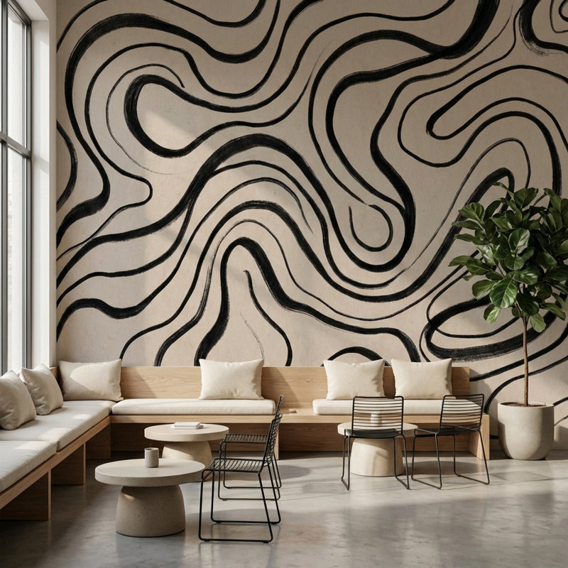 Papier peint abstrait lignes noires ondulées, 140"x108", Peler et coller
