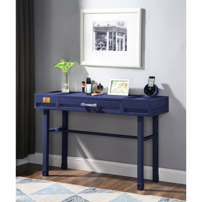 、、、、、 Bureau de coiffeuse en métal bleu avec un tiroir, une structure, des panneaux encastrés, un plateau en fer et une fermeture manuelle en bois