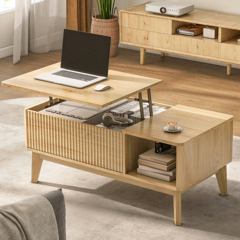 Table basse à plateau relevable avec rangement en bois, design cannelé moderne, Rhyth, Naturel
