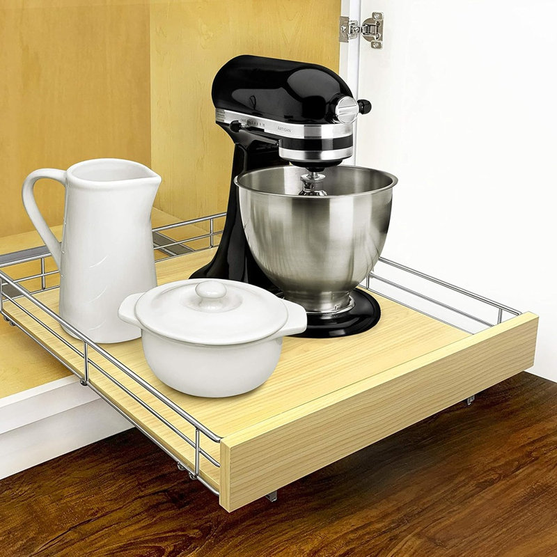 Organisateur de placard coulissant SELECT, tiroir coulissant discret en bois et chrome pour le rangement de la cuisine et du garde-manger