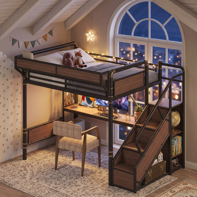 Lit mezzanine en métal avec bureau intégré AVELOR, éclairage DEL et escalier de rangement pour enfants et adolescents, économiseur d'espace multifonctionnel