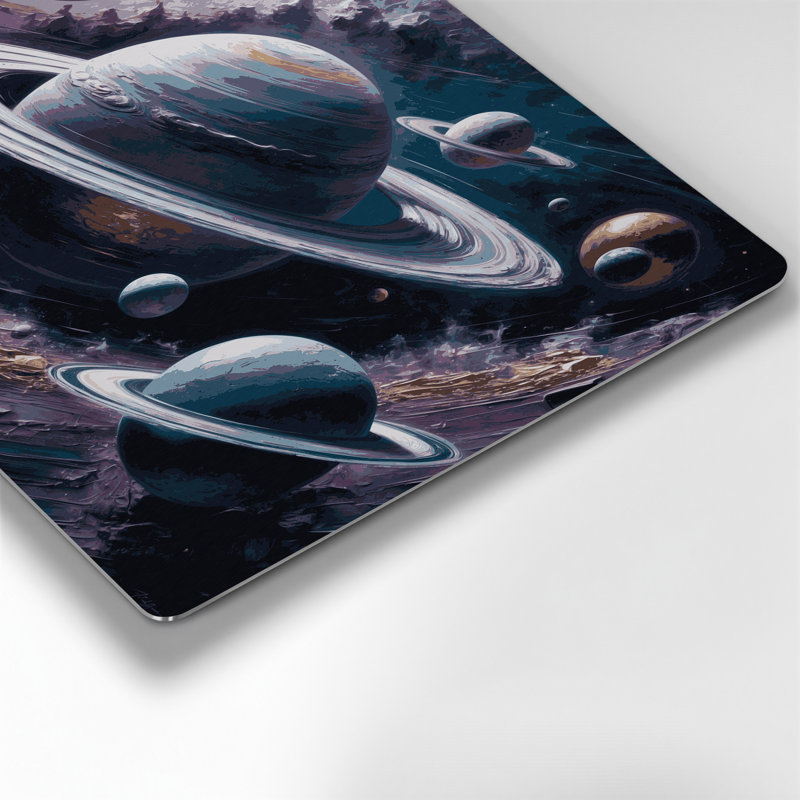 Art mural en métal gris avec planètes de science-fiction, H 12 po x l 18 po