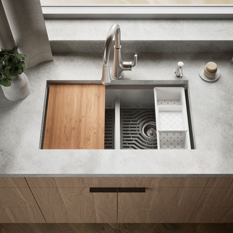 Task Smart Divide33-In X 22-In Top-Mount/Undermount Double-Equal Workstation Kitchen Sink With Accessories, 2 Hole