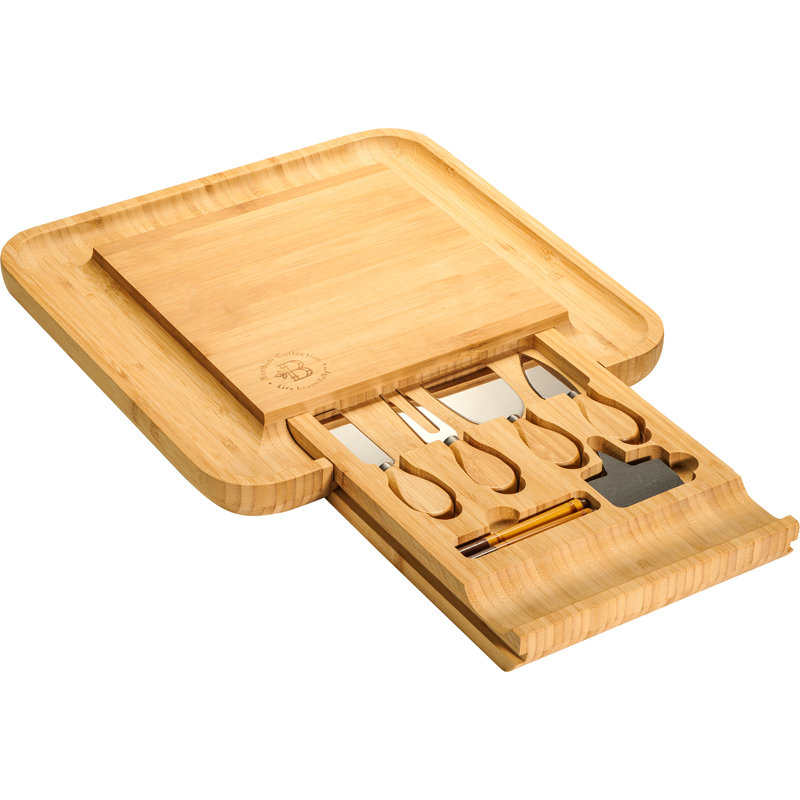 Eco-Friendly Light Brown Bamboo Cheese Board Set with Cutlery Drawer