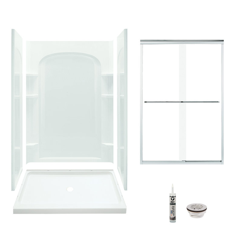 Ensemble de douche rectangulaire sans cadre de 48 po x H 75,75 po avec porte-serviettes et base inclus, Argent