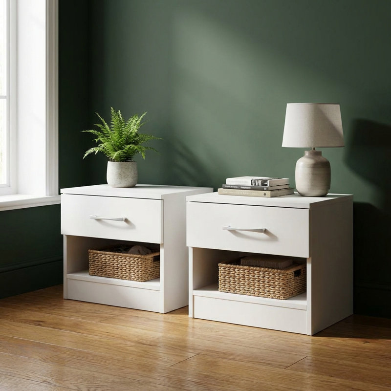 Pair Of Highbury 1 Drawer Open Shelf Bedside Tables, White