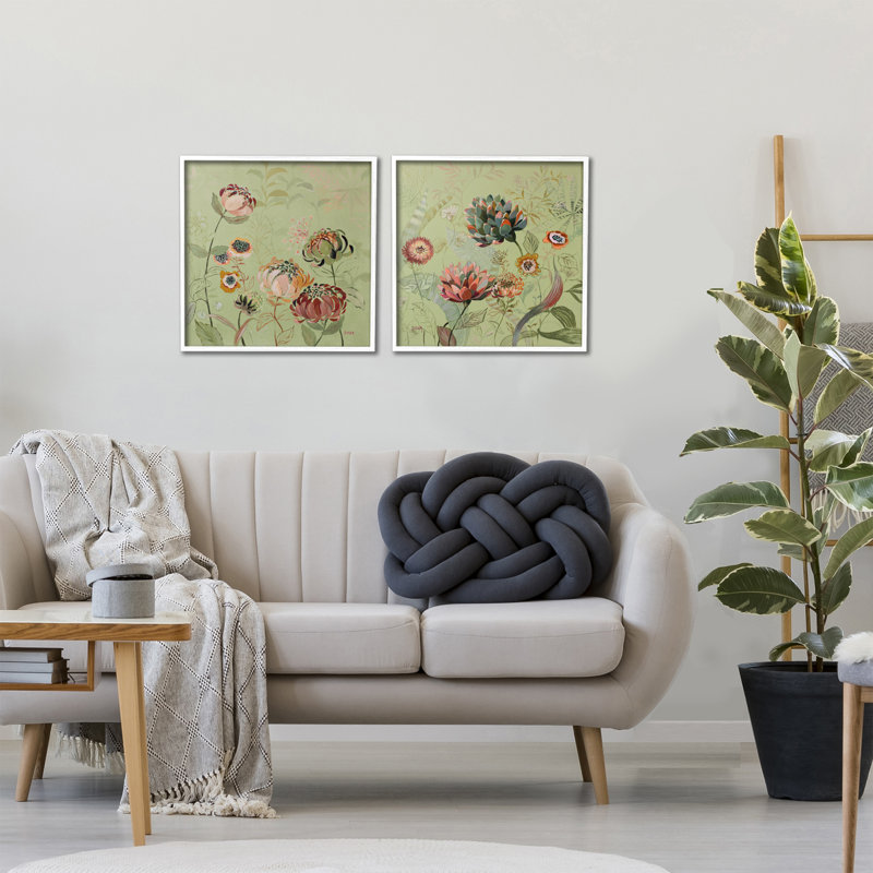 Ensemble de giclées encadrées 2 pièces Chrysanthemums on Olive Green, design par Dusza, H 17 po x l 17 po