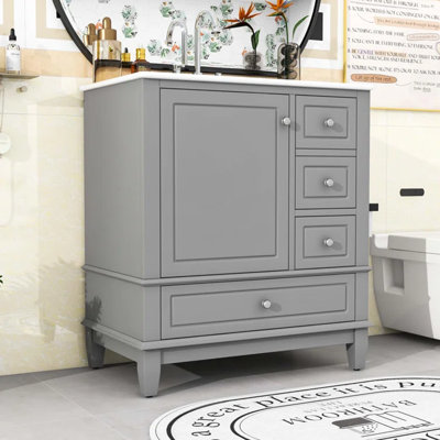 Meuble-lavabo simple autoportant élégant avec lavabo en céramique, porte à fermeture en douceur et grand espace de rangement
