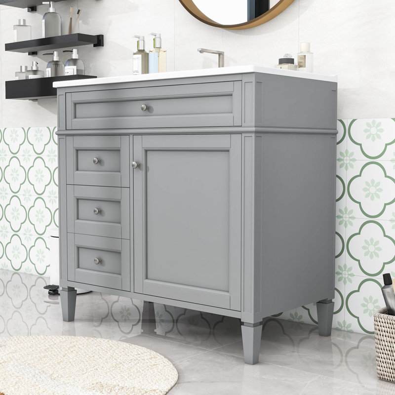Ensemble de meuble-lavabo simple autoportant avec lavabo en céramique et tiroirs de rangement Eliga, Gray