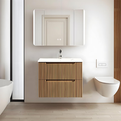 24" Walnut Wall Mounted Bathroom Vanity Modern Wall-Mounted Floating Bathroom Cabinet
