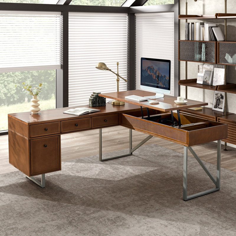 Nusaiba 71'' W L-Shaped Lift Top Cane Executive Desk with Built-In Outlets and Cable Management, Walnut/Gray