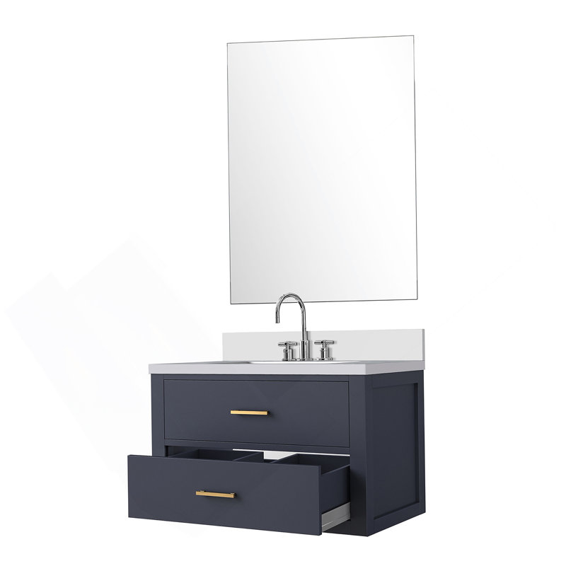 Meuble-lavabo simple 30 po X P 22 po P, comptoir en quartz et Miroir, Doré, Bleu