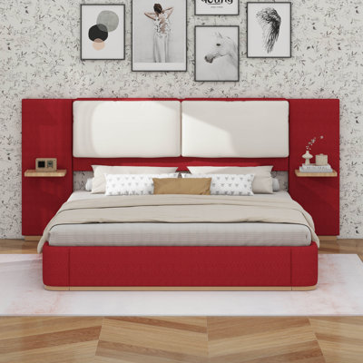 Upholstered Platform Bed Frame With Storage Shelves,Soft PU Headboard,Anti-Collision Rounded Corners