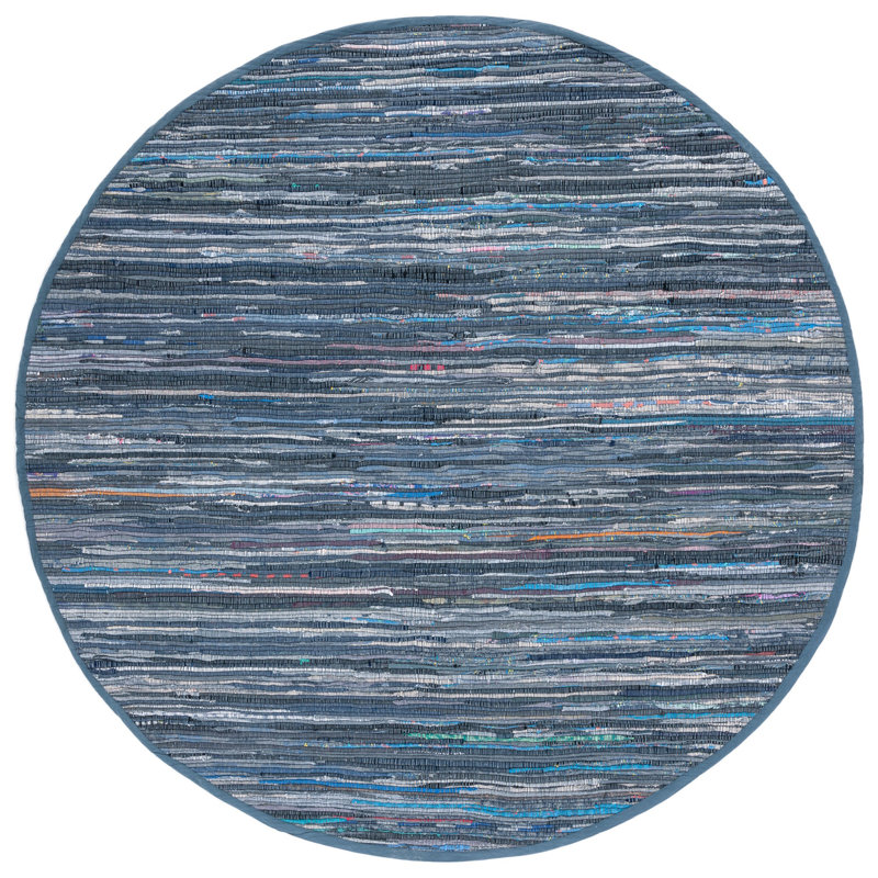 Tapis bleu abstrait en coton tissé à plat Feliciano, Rond 4 pi