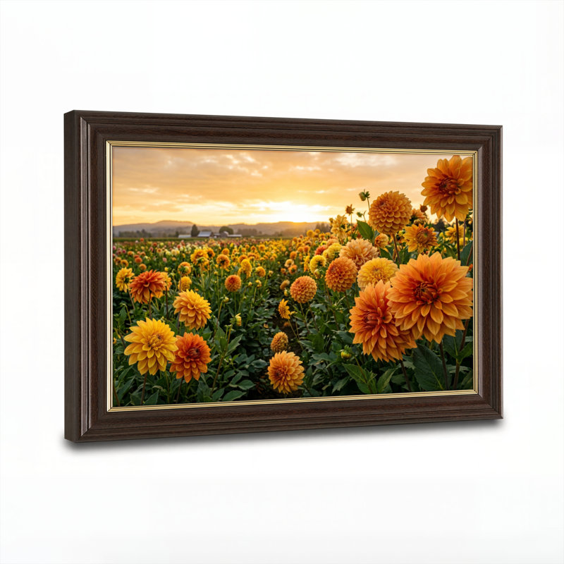 Art mural antique sur toile encadré doré pour le salon, la chambre à coucher, le bureau ou le vestibule - Décoration murale décorative avec fleurs coucher de soleil