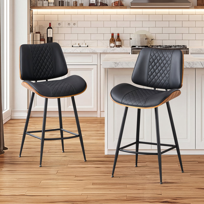 26.97" Counter Stool With Faux Leather And Curved Walnut Wood Backrest Design, Black