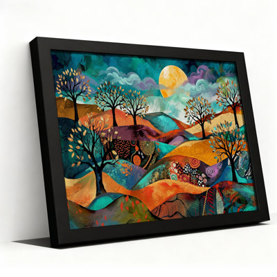 Tableau sur toile représentant des collines et des arbres colorés sous une lune orange
